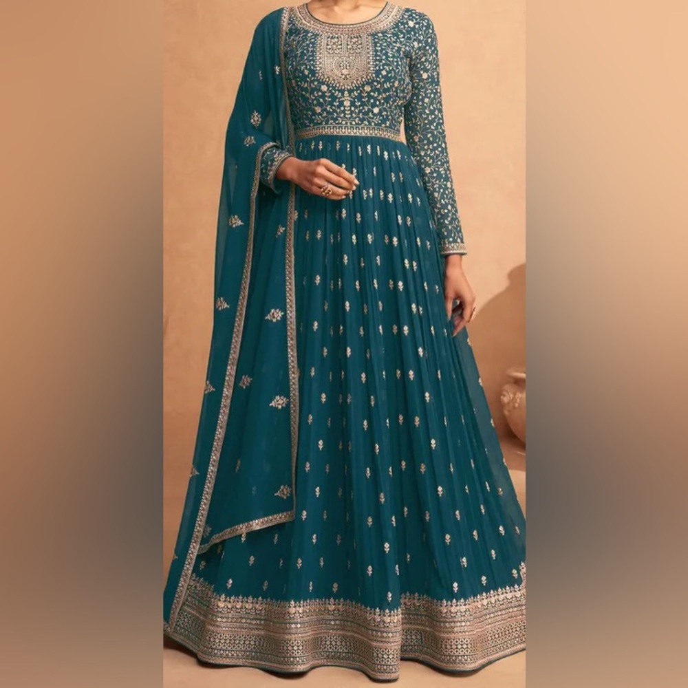 Faux Georgette Engagement Salwar Kameez in Blue with Embroidered work